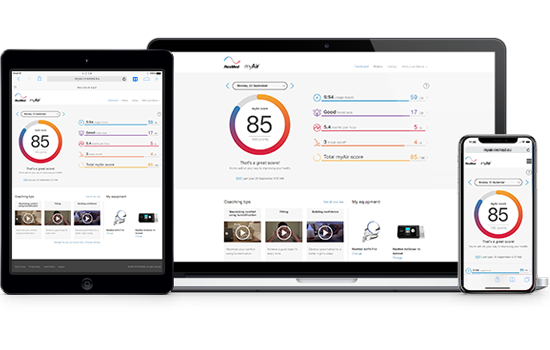 Resmed myAir app shown in use on tablet, laptop and smart phone.